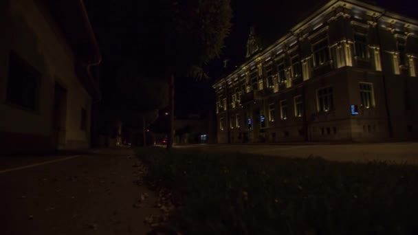 Low Angled View Buildings Bernik Slovenia Night Wide Pan Shot — 비디오