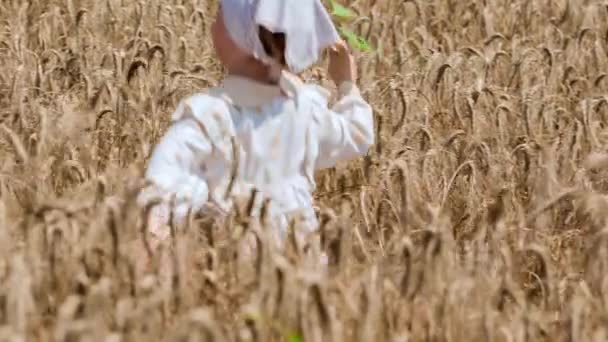 Giovane Ragazza Che Salta Attraverso Campo Grano Con Braccio Fuori — Video Stock