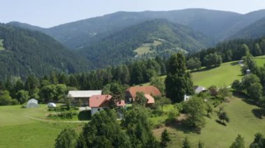 Güneşli bir günde Slovenya 'nın dağları ve otlaklarıyla çevrili bir tepenin tepesindeki bir köyün hava dairesi görüntüsü.