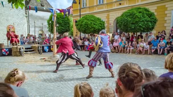 Schwertkampf Vorführung Mit Historischem Hintergrund Auf Mittelaltermarkt Zeitlupe — Stockvideo