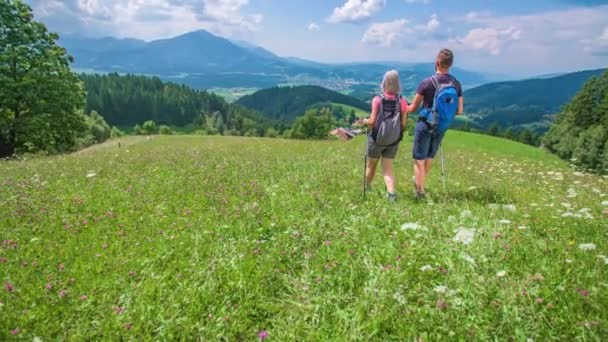 スロベニアの山の中で野生の花の牧草地を通って若いカップルのハイキング — ストック動画