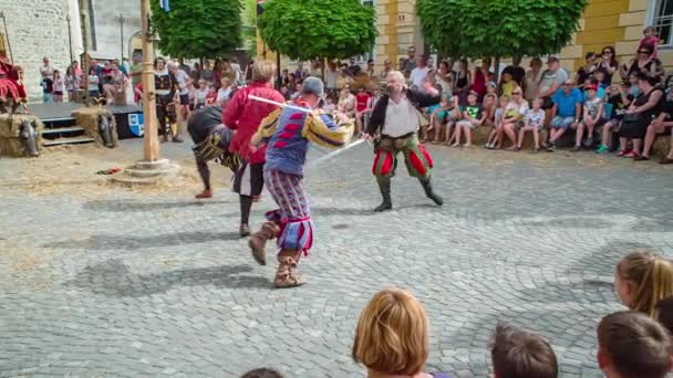 Performers Act Out Sword Fight Scene Front Crowd Renaissance Festival — Stock Video