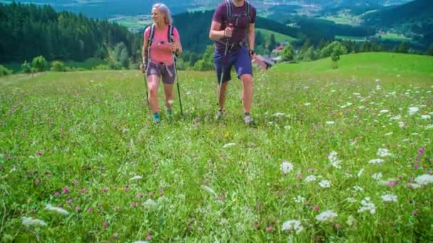 Młoda Para Wędrowców Wędrujących Doliną Kwiatów Otoczoną Pięknymi Górami Zwolnij — Wideo stockowe