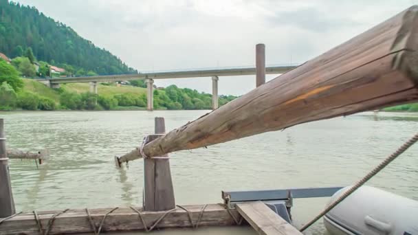 Male Hand Holding Tiller Steering Traditional Wooden Riverboat Close Muta — Stock Video