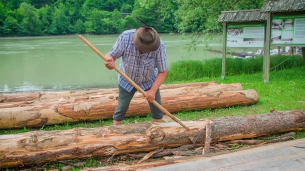 Man Met Hoed Die Schors Van Boom Trekt Slovenië Handheld — Stockvideo