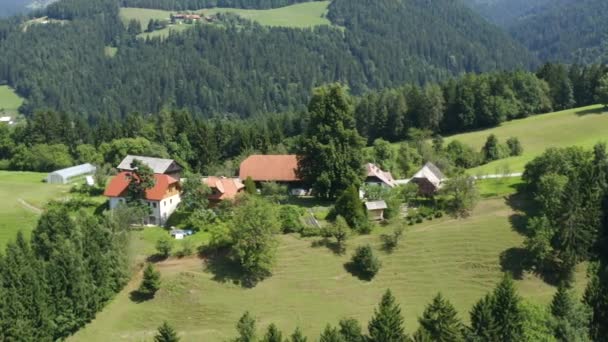 Flyg Cirkel Skott Byn Och Bondgårdar Toppen Berget Landsbygden Slovenien — Stockvideo