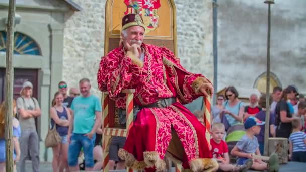 Renaissance Festival Performer Een Koning Kostuum Rust Een Troon — Stockvideo