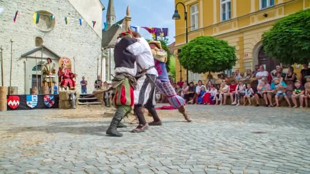 Feria Renacentista Intérpretes Del Festival Medieval Actúan Escena Lucha Frente — Vídeos de Stock