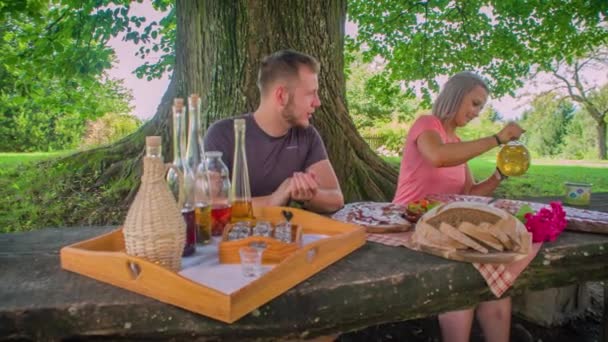 Frau Gießt Selbstgemachten Apfelsaft Und Ökologische Lebensmittel Vor Sich Her — Stockvideo