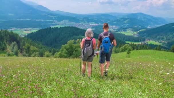 两个徒步旅行者在梦幻般的风景中慢吞吞地下山 — 图库视频影像
