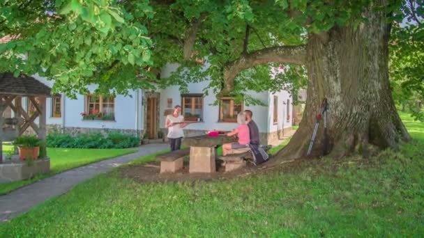 Cameriera Serve Colazione Coppia Lesnik Agriturismo Slovenia Slowmo — Video Stock