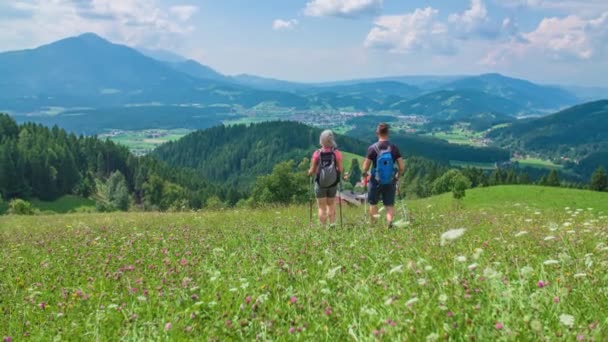 Ζευγάρι Περπάτημα Μέσα Από Πράσινο Ηλιόλουστο Λιβάδι Ορεινό Σκηνικό Σλοβενία — Αρχείο Βίντεο