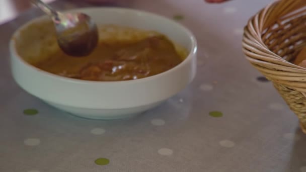 Person Eating Fish Soup Sitting Table Elegantly Served Restaurant Close — Stock Video