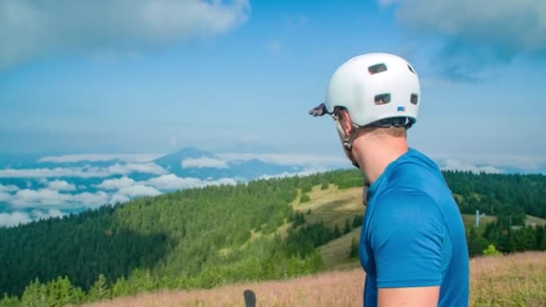 Circle Shot Fit Caucasian Male Biker Helmet Looking Beautiful View — Stock Video