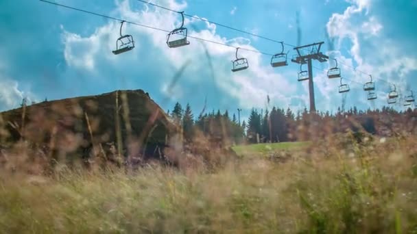 Angle Bas Travers Herbe Regardant Saut Vélo Station Ski Approches — Video