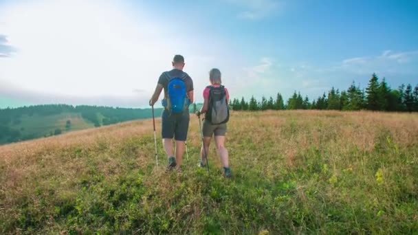 Slow Motion Back Shot Young Tourist Couple Travellers Backpacks Hiking — Stock Video