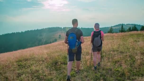 Fotografía Cámara Lenta Dos Jóvenes Excursionistas Explorando Una Colina Eslovenia — Vídeo de stock