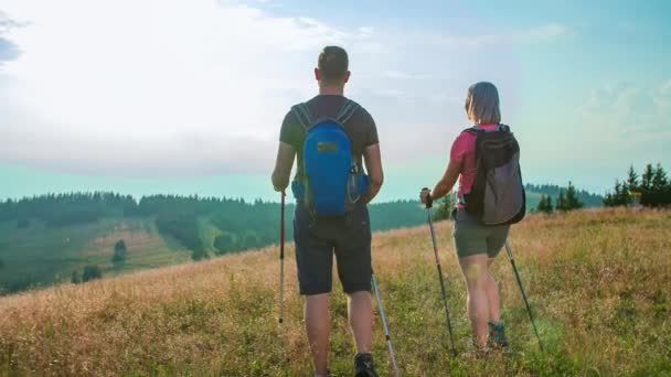 Due Giovani Escursionisti Piedi Cima Una Collina Decidono Dove Andare — Video Stock