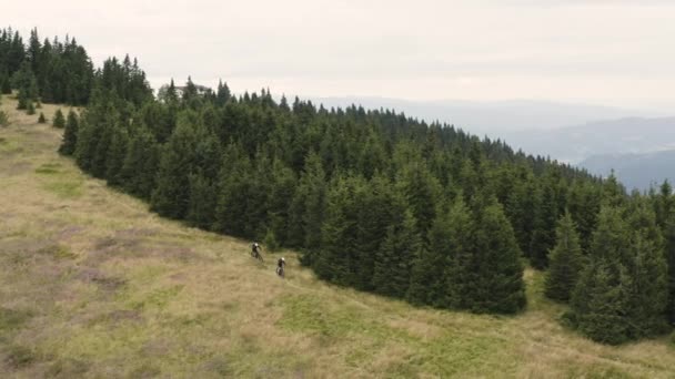 背後に木がある丘のトレイルパスを下って乗るマウンテンバイカー 空中パン — ストック動画