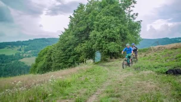 Männer Auf Dem Fahrrad Auf Dem Gipfel Des Berges Üppige — Stockvideo