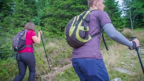 山の森の風景を介して石の地面の上にハイキングスティックを歩くカップル スローモーション — ストック動画