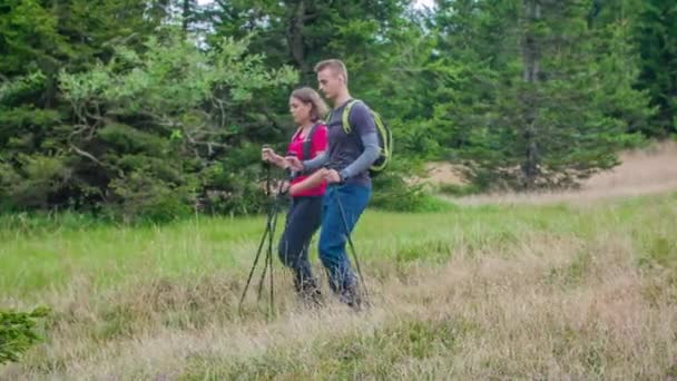 Fotografía Cámara Lenta Dos Jóvenes Excursionistas Con Bastones Trekking Caminando — Vídeos de Stock