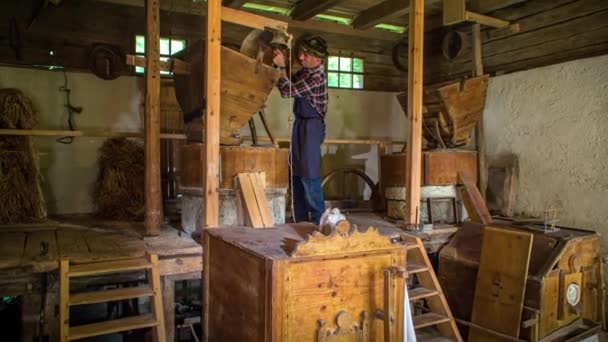 Local Old Fashioned Flour Mill Old Man Work Grinding Flour — Stock Video