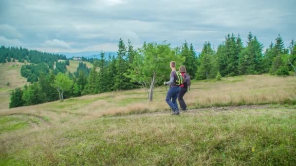 Par Vandring Nedförsbacke Väg Leder Genom Natursköna Kuperade Skogslandskap Pannade — Stockvideo