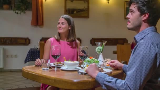 Young Couple Restaurant Table Served Dish Waiter Slowmo Close — Stock Video