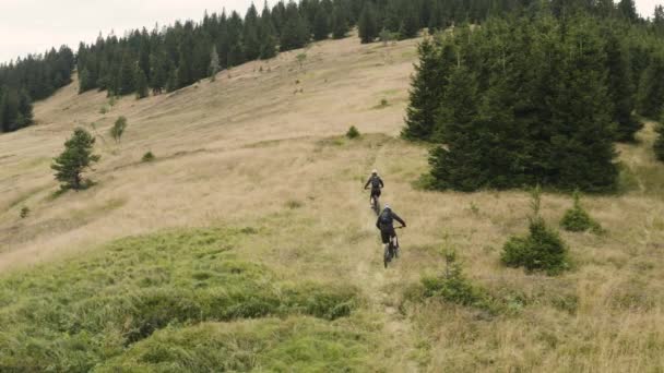 两个人在骑自行车去骑自行车之前 推着自行车上山 空中业务 — 图库视频影像