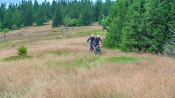 Slow Motion Shot Two Mtb Bikers Riding Vegetation Hill — Stock Video