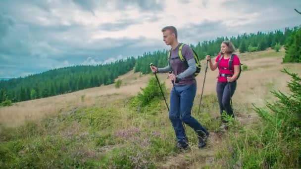 Giovani Escursionisti Coppia Trekking Attraverso Pianure Cespugliose Mezzo Belle Montagne — Video Stock