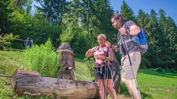 Wanderpaar Steckt Wasserflasche Den Rucksack Bevor Mit Stöcken Neben Dem — Stockvideo