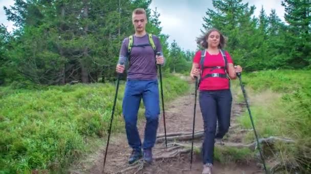 Vrouwelijke Mannelijke Wandelaar Met Behulp Van Wandelstokken Stappen Steile Smalle — Stockvideo