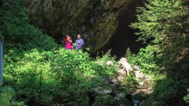 Çiftler etrafta dolaşır ve doğanın güzelliğinin tadını çıkarır. Orman güneşli bir gün. Doliç, Slovenya