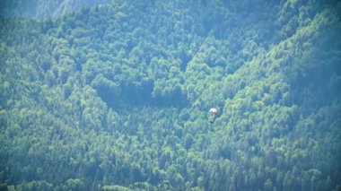 Uzakta, Forested Hills 'e karşı paragliding yapan kişi. Görüntüyü Takip Et