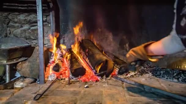 Slow Motion Woman Gloves Heating Iron Stick Close Burning Ashes — Stock Video