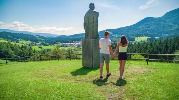 Young Lovebirds Hold Hands Walk Park Enjoy Scenic View Village — Stock Video