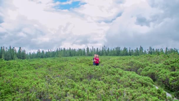 Para Wycieczek Przez Piękne Zielone Pole Przyrodzie Kamera Przesuwa Się — Wideo stockowe