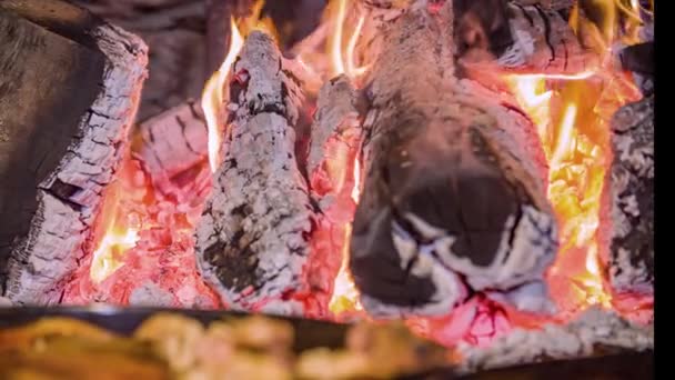 薪窯の中で燃焼ログの横に食品と鋳鉄鍋のショットを閉じます — ストック動画