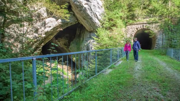 Dois Caminhantes Descobrem Uma Caverna Túnel Floresta — Vídeo de Stock