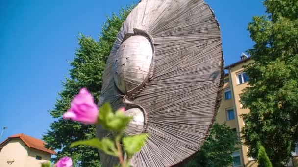 Steel Forma Viva Konstverk Nära Håll Rosa Blommor Förgrunden Solig — Stockvideo