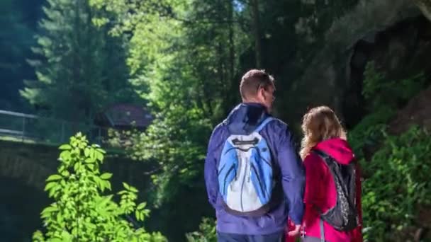 観光客 スロベニアのドルチェの美しいヨーロッパの自然をハイキング — ストック動画