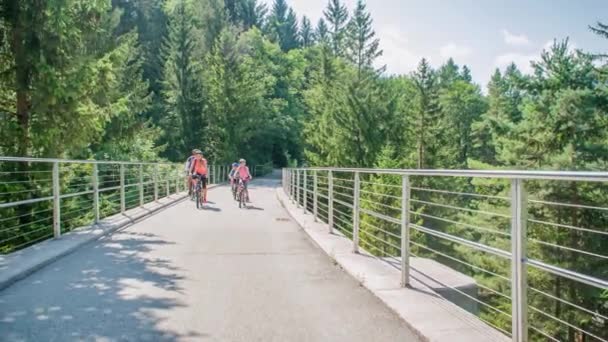 Familj Med Två Barn Som Cyklar Längs Strekna Naturskön Stig — Stockvideo