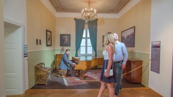 夫婦はヒューゴ ウルフの展覧会を訪れる ピアノを弾くピアニスト — ストック動画