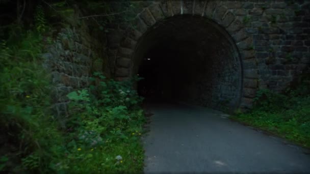 Familj Cykling Cyklar Strekna Cykelväg Tunneln Slovenien Slow Motion Följ — Stockvideo