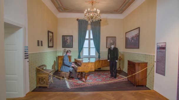 よく服を着た男がピアノを演奏しなくなり スロベニアのユーゴ ウルフ博物館で展覧会を歩きます — ストック動画