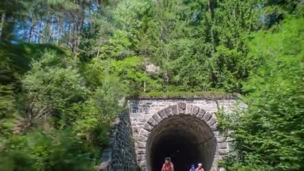 スロベニアの森林トンネルをサイクリングする4人のライフスタイルファミリー — ストック動画