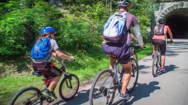 Életmód Család Négy Kerékpárral Parkban Szlovéniában Követés — Stock videók