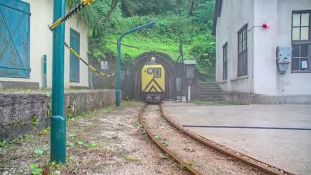 列車の黄色の機関車はペカ山のトンネルから出てくる — ストック動画
